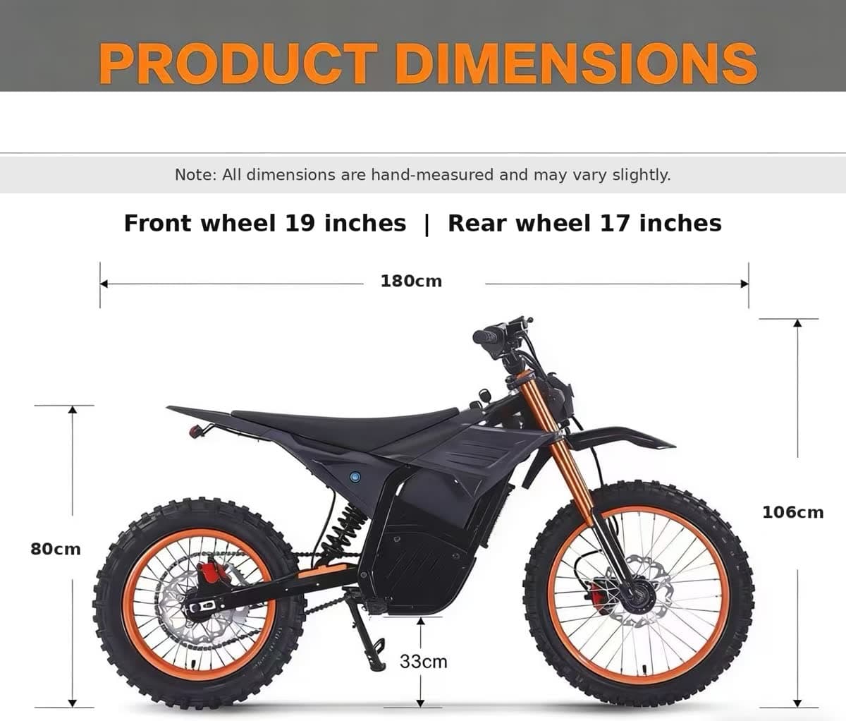 JoltMoto Trail XL product dimensions — 19″ front, 17″ rear